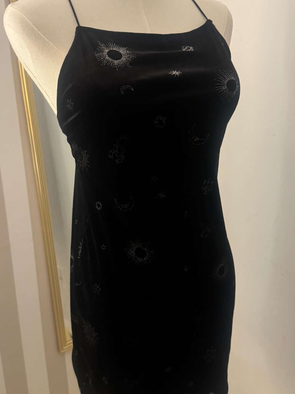 Black Velvet Slip Dress with Silver Celestial Embroidery